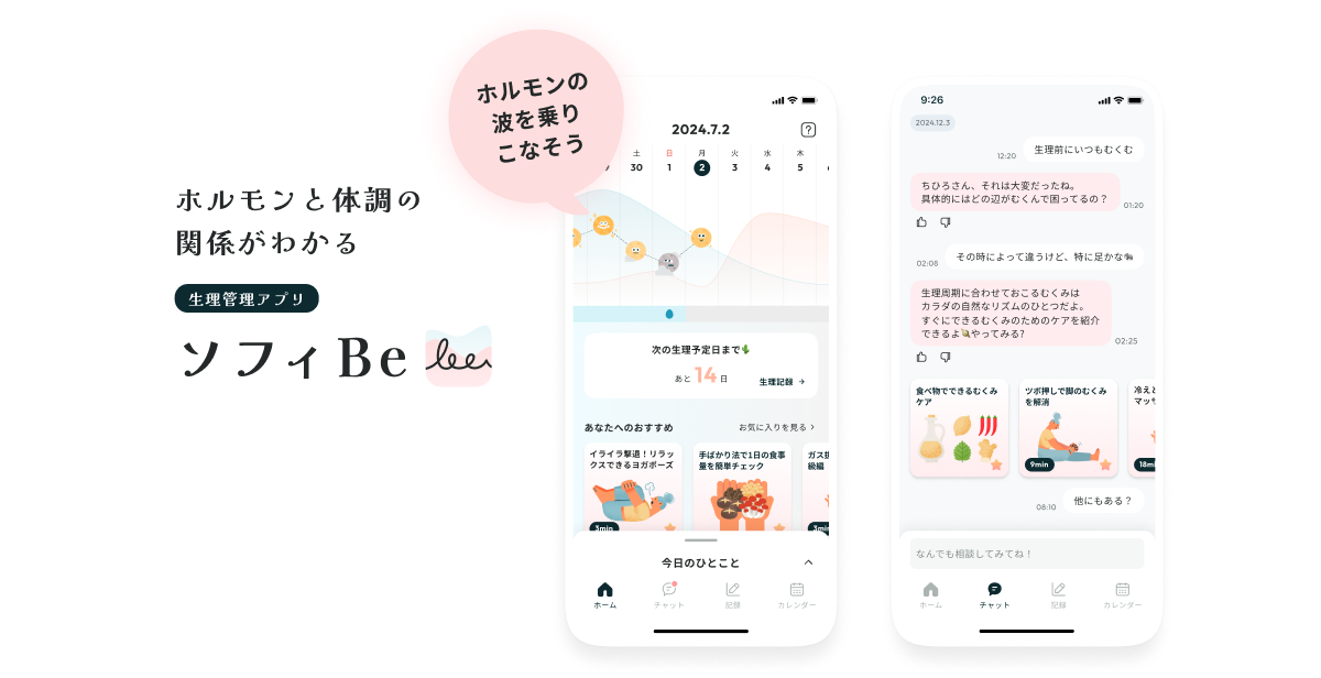 ホルモンと体調の関係がわかる生理管理アプリ　ソフィBe　ホルモンの波を乗りこなそう