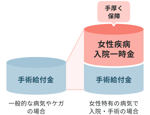 一般的な病気やケガの場合 手術給付金　女性特有の​病気で入院・手術の​場合 手術給付金 女性疾病 入院一時金 手厚く保障