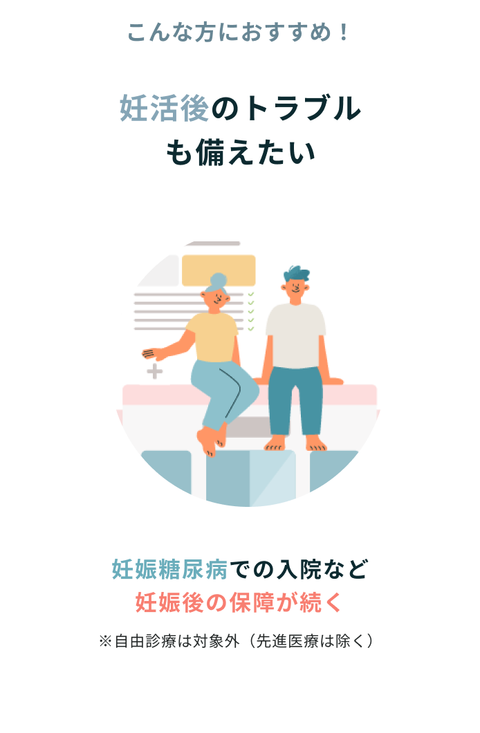 こんな方におすすめ！ 妊活後のトラブルも備えたい妊娠糖尿病での入院など妊娠後の保障が続く ※自由診療は対象外（先進医療は除く）