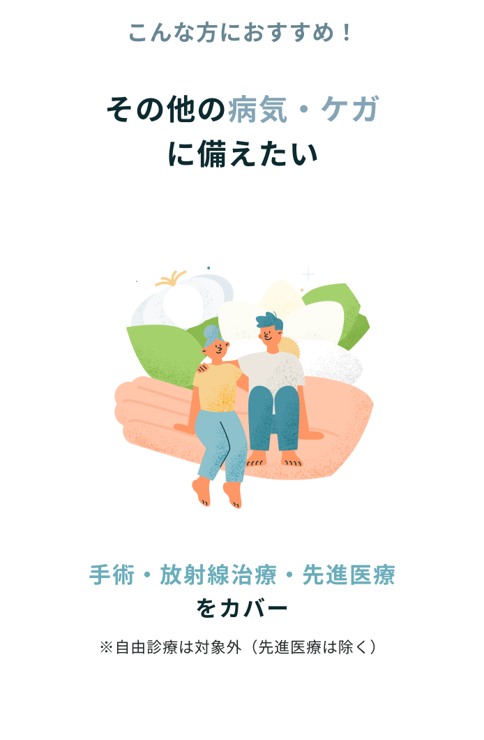 こんな方におすすめ！ その他の病気・ケガに備えたい 手術・放射線治療・先進医療をカバー ※自由診療は対象外（先進医療は除く）